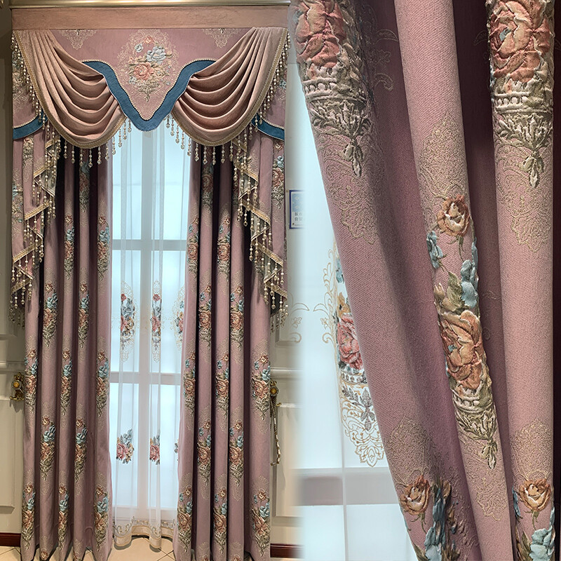 luxury European jacquard chenille relief pink thick valance curtain tulle M1562