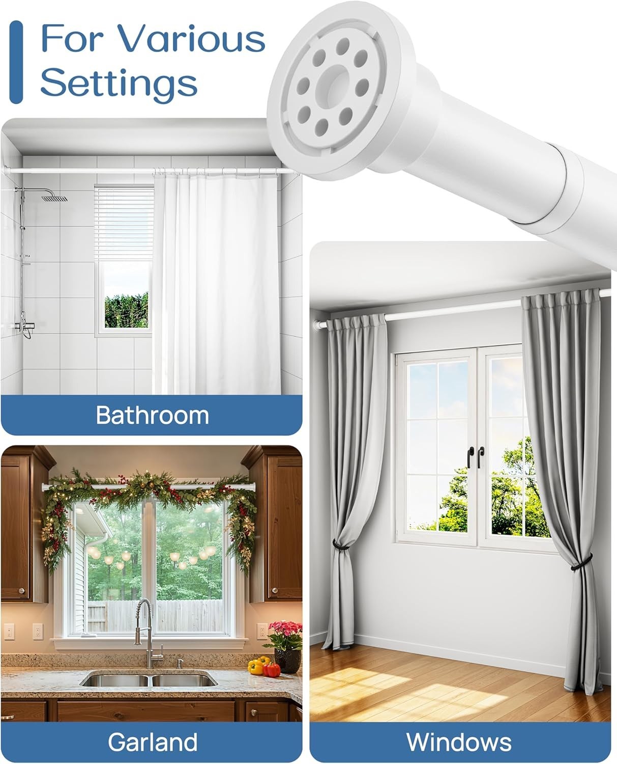 Durable No-Drill Shower & Curtain Rod, 42-78 Inches, Rust-Resistant White Design