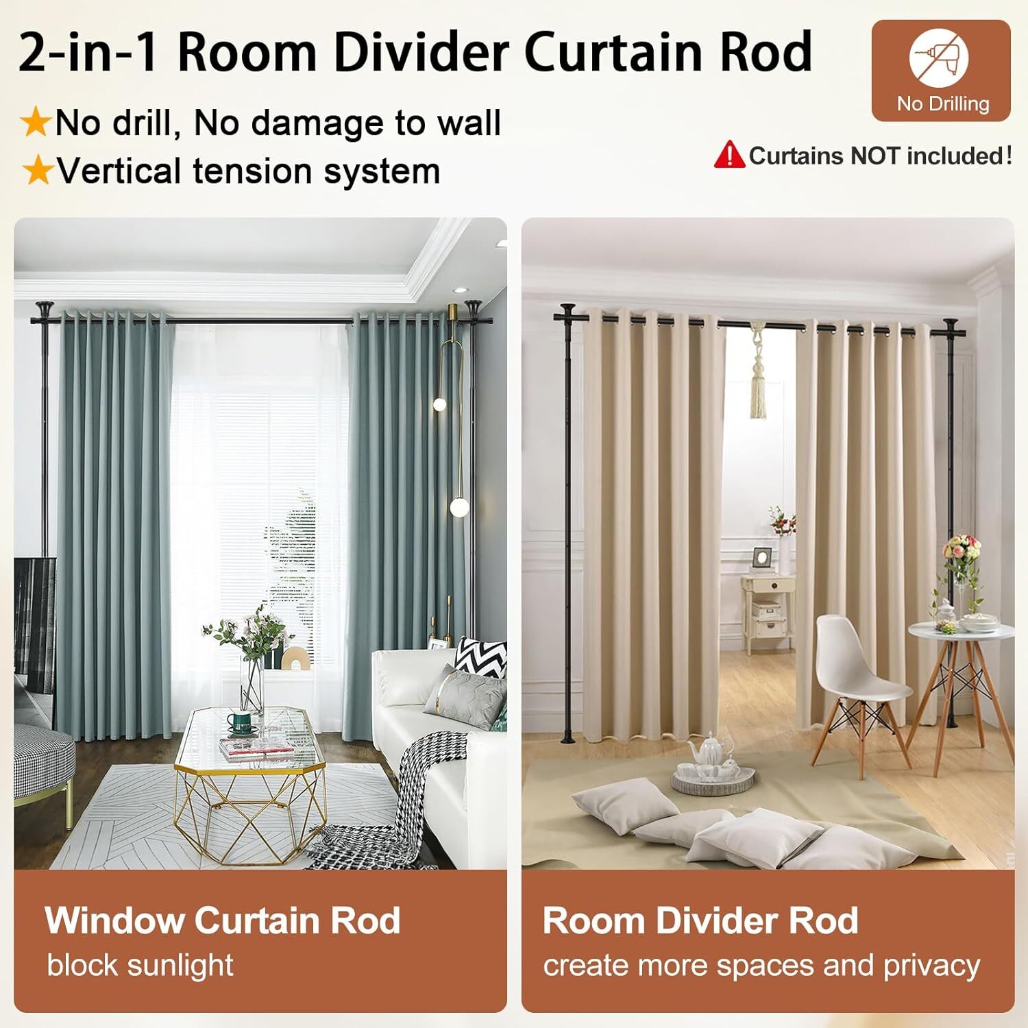 Room dividers, no-drill curtain rods wall dividers, privacy dividers window rods