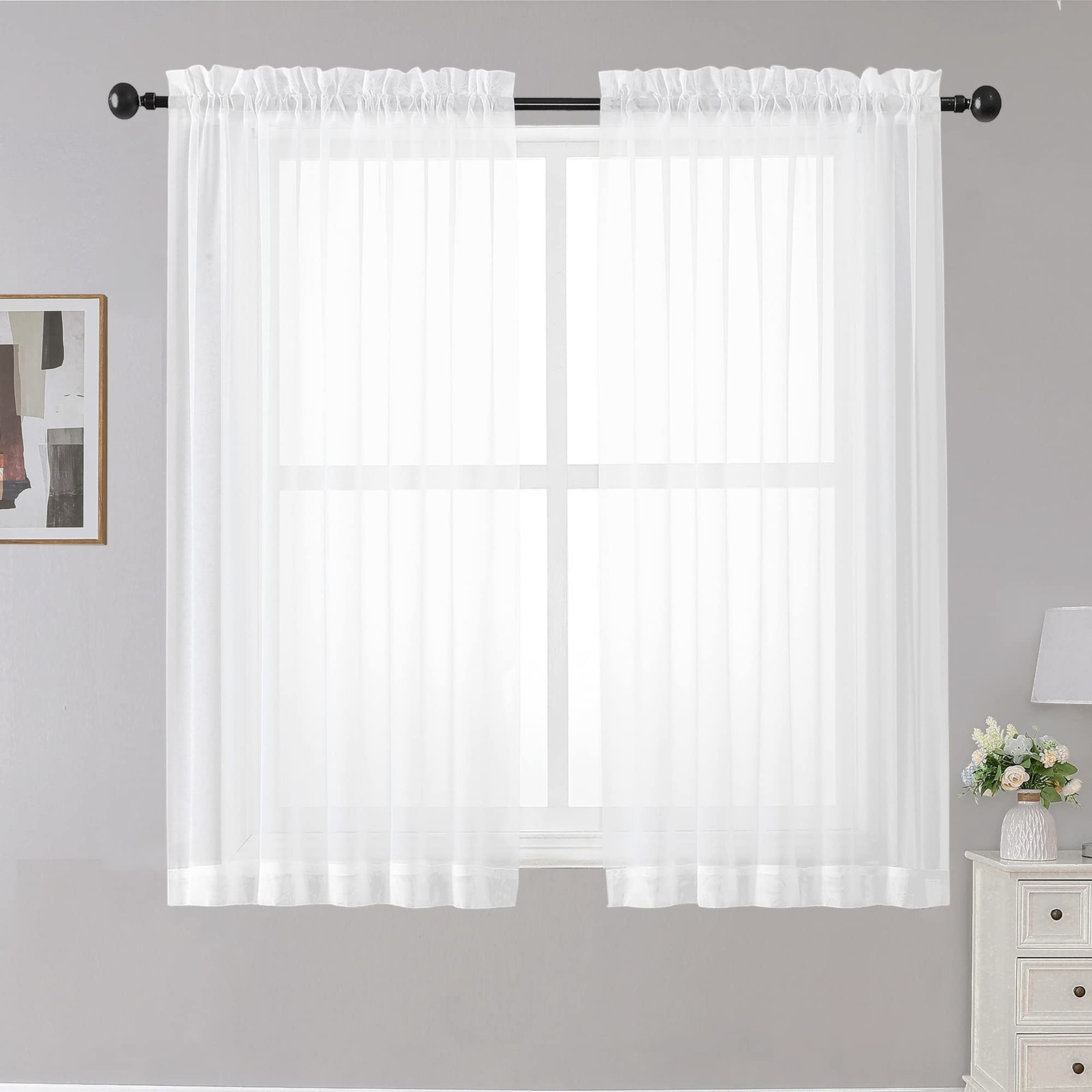 OWENIE White Sheer Curtains, 45 inches Long, 2 Panels, Rod Pocket, Light Filt…