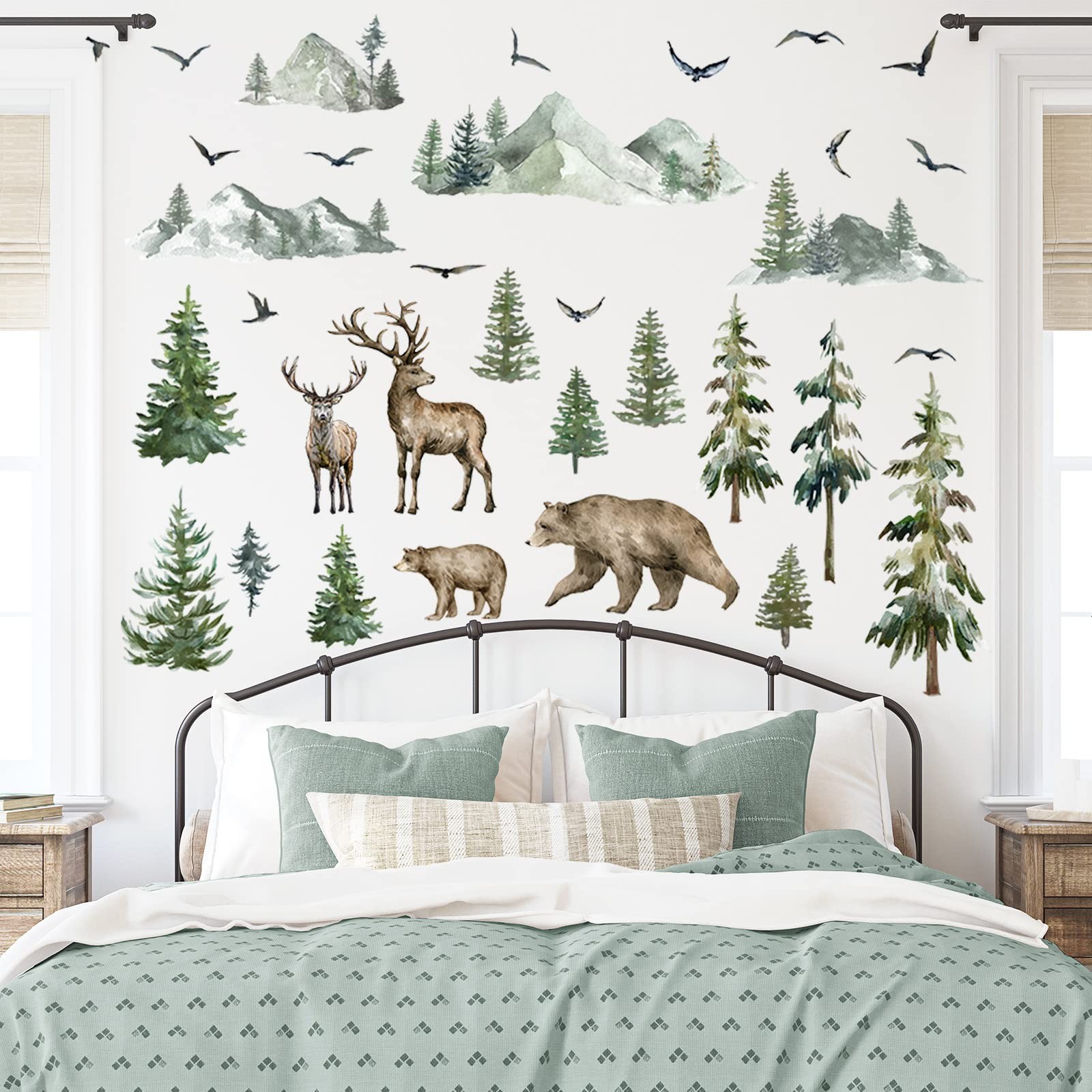 Kajaia Mountain Wall Decals Large Pine Tree Peel and Stick Forest Multicolor