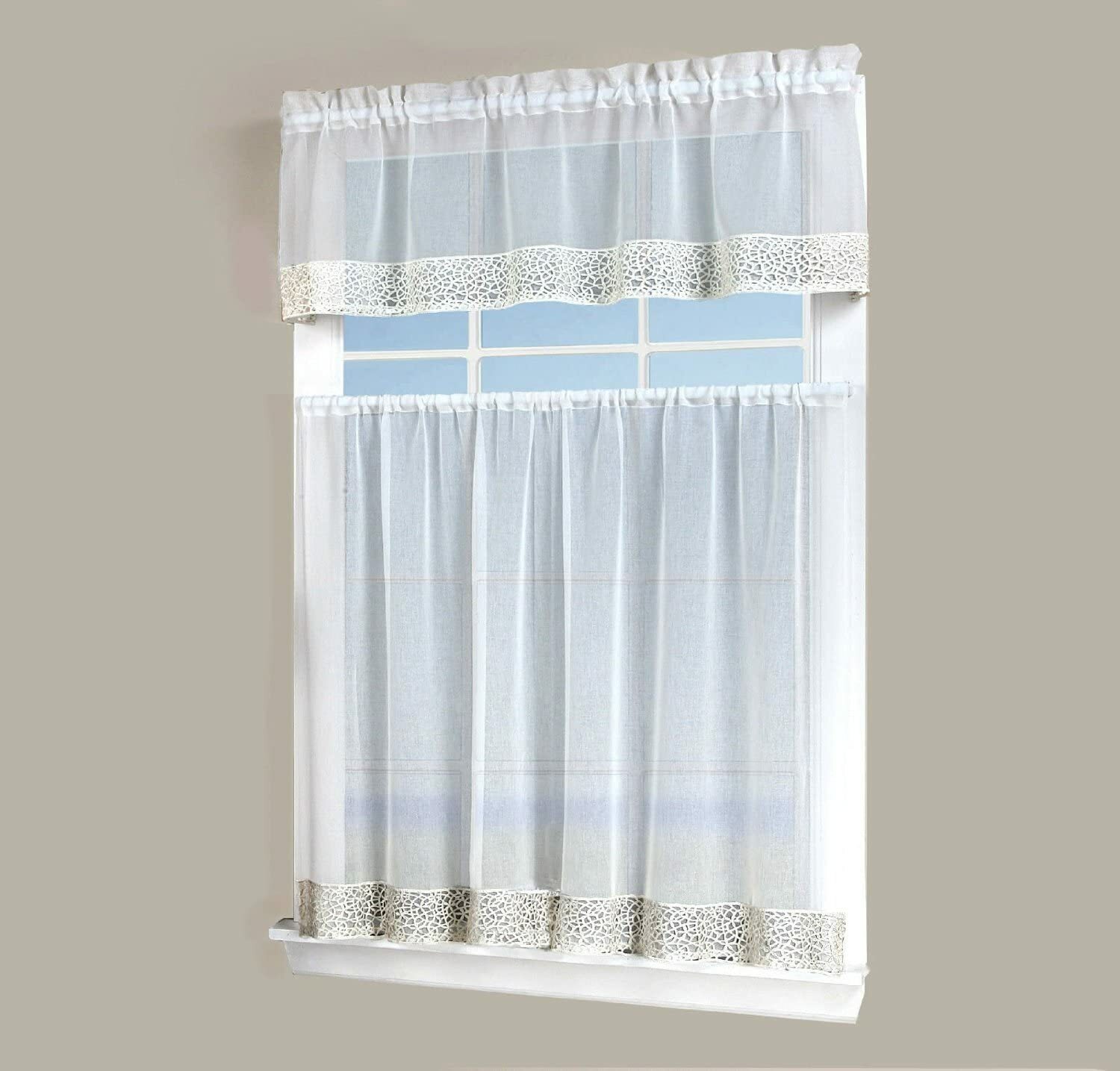 Regal Vienna Macrame Lace 3 pc Kitchen Curtains 3 Tier Ivory Light Beige NWOP