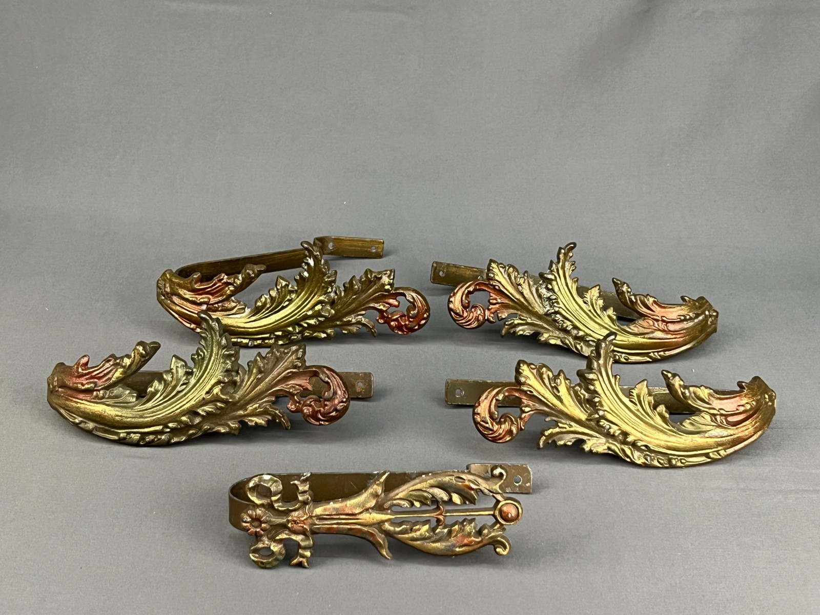 5 Pc Vintage Metal Art Nouveau Gilt Acanthus Leaf Curtain Tieback Brackets