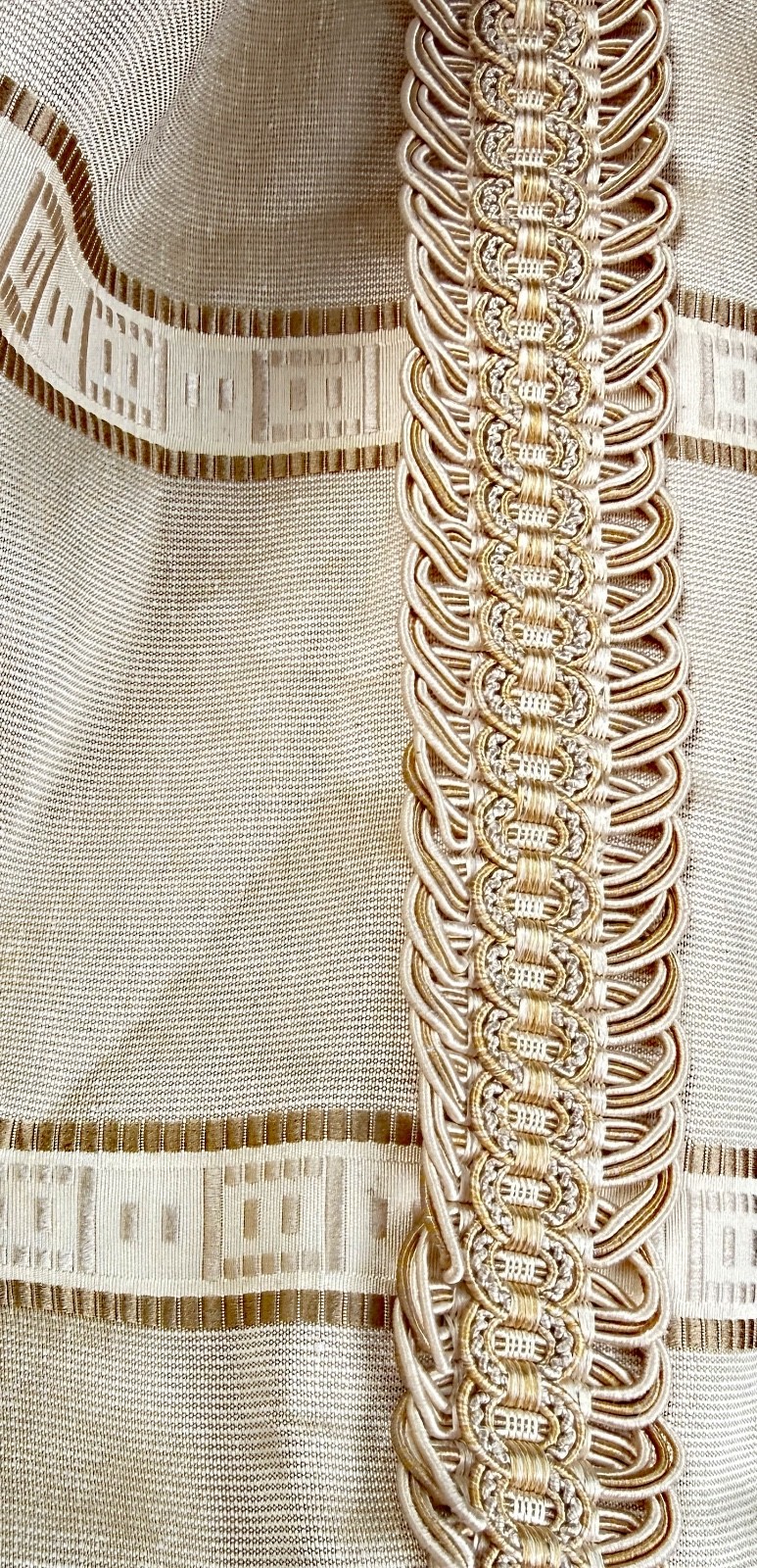 High End Designer Custom Pinch Pleated Beige Silk Curtains w/ Fringe Trim ZZ776