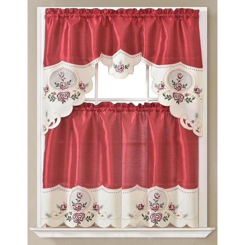Embroidered Kitchen Curtain Set W/ Valance Tiers Multi-Purpose Home Decor New