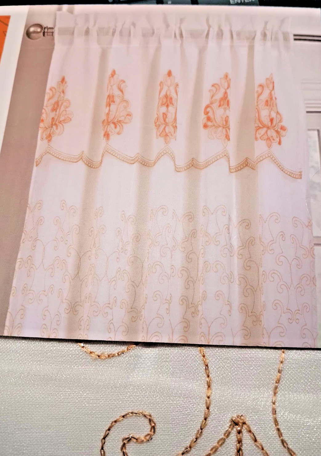 Embroidered Curtain with satin backing & attached valance one panel each orange