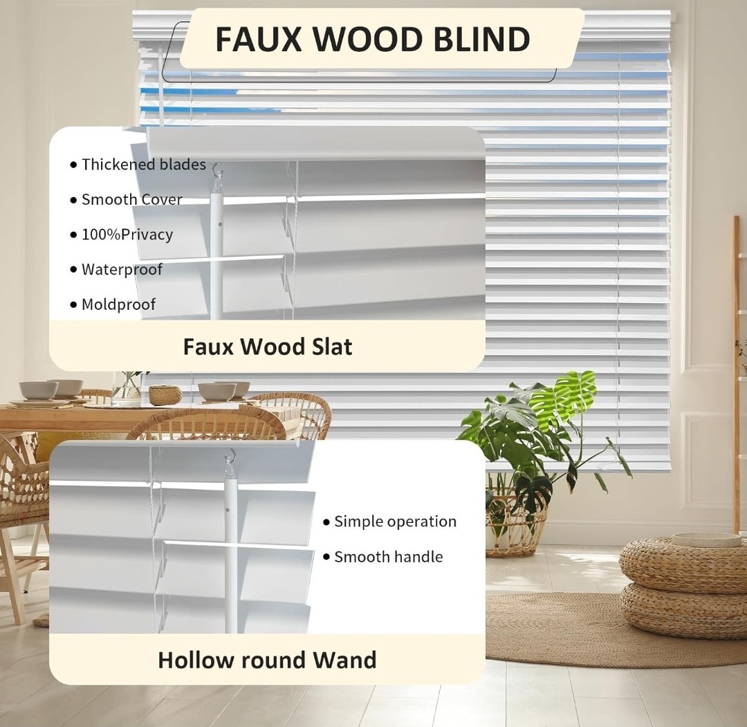 Faux Wood Cordless Horizontal Blind 44 in White Waterproof Moldproof Tilt Wand