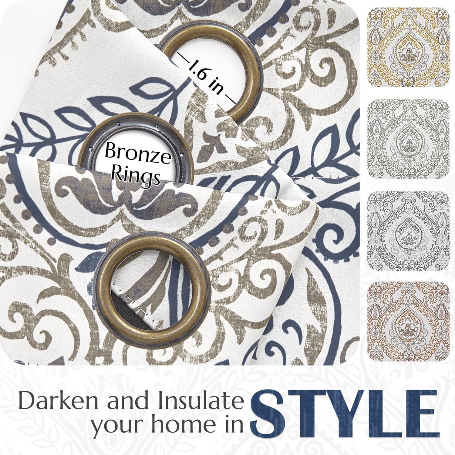 Blue Damask Blackout Curtains 96″ Grommet Thermal Insulated Drapes Set of 2