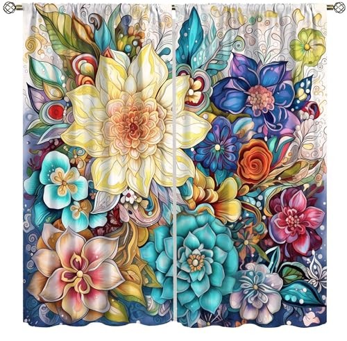 Boho Floral Curtains for Kitchen,Rustic 20.5″W x 44.5″L (Pack of 2) Style-4