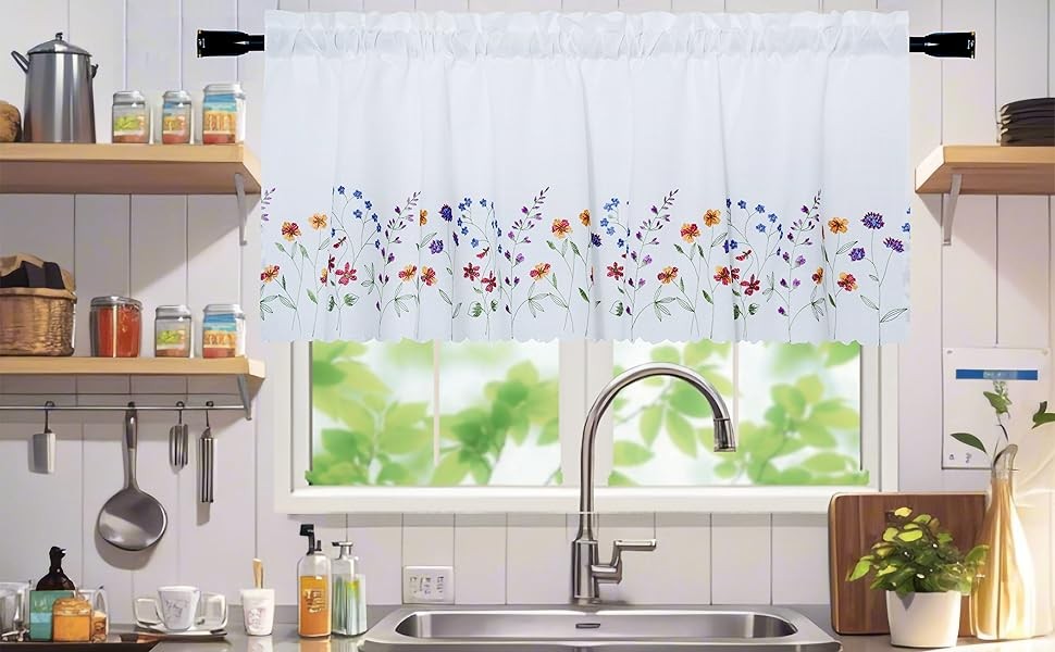 PKT Floral Embroidery Curtain Valance, White Elegant Decorative Flowers Window