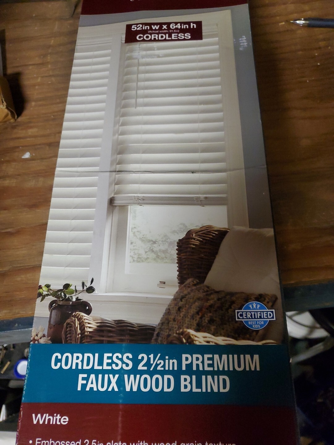 52″ X 64″ Home Decorators White Cordless 2 1/2″ Premium Faux Wood Blinds