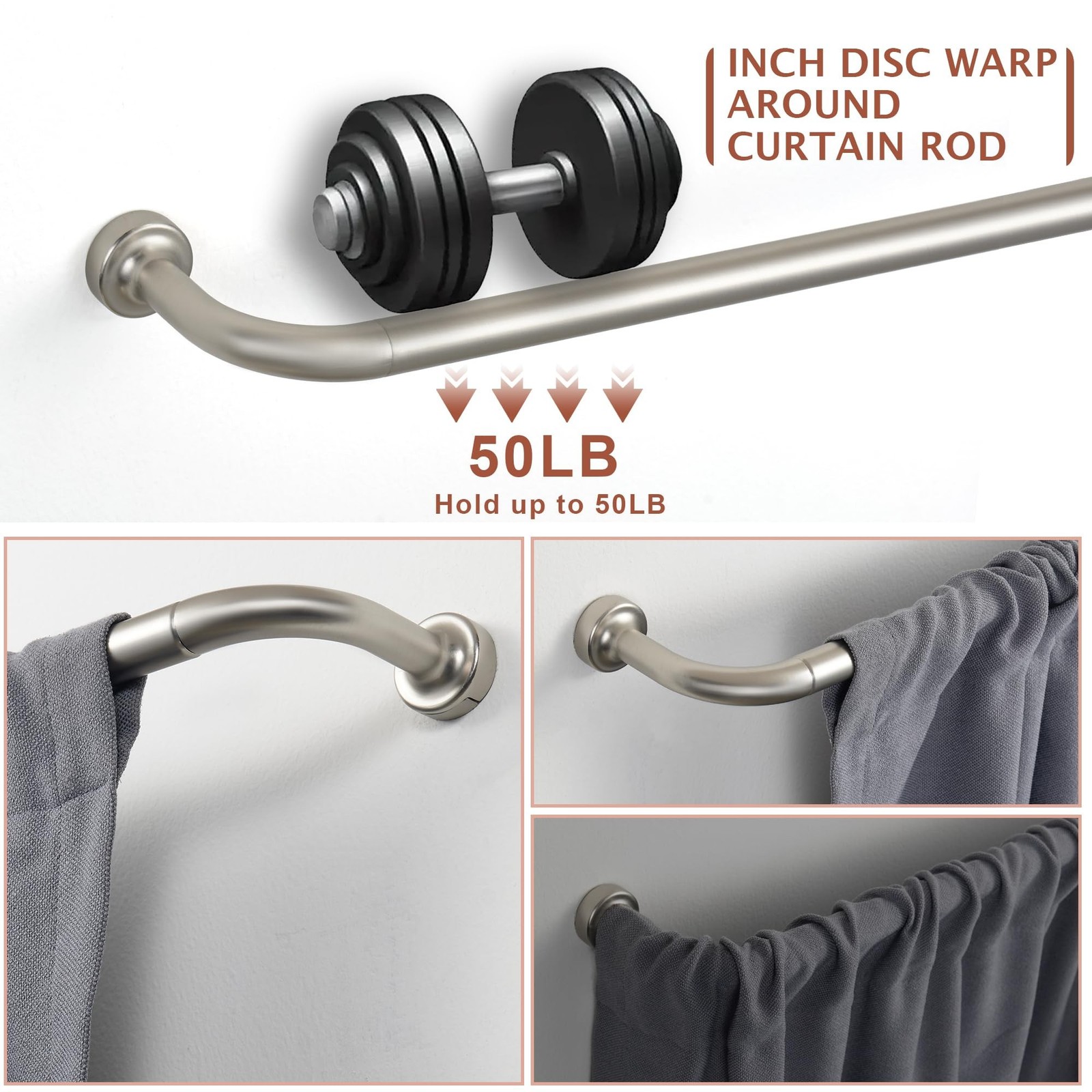 Lwiiom Brushed Nickel Curtain Rods Windows 66 120″,1 Inch Disc Wrap Around
