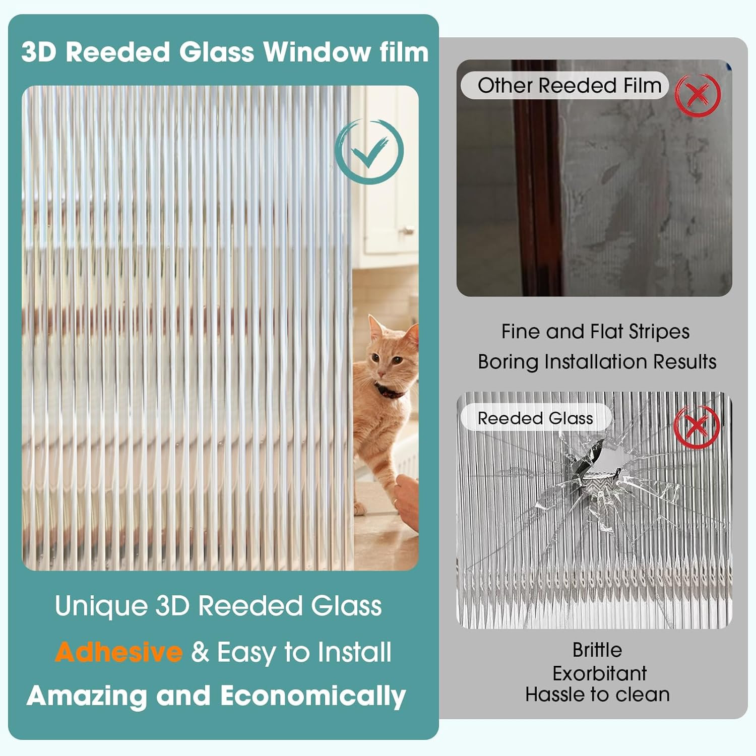 Reeded Glass Window Privacy Film, 3D Fluted Frosted Decorative Window Film, Self