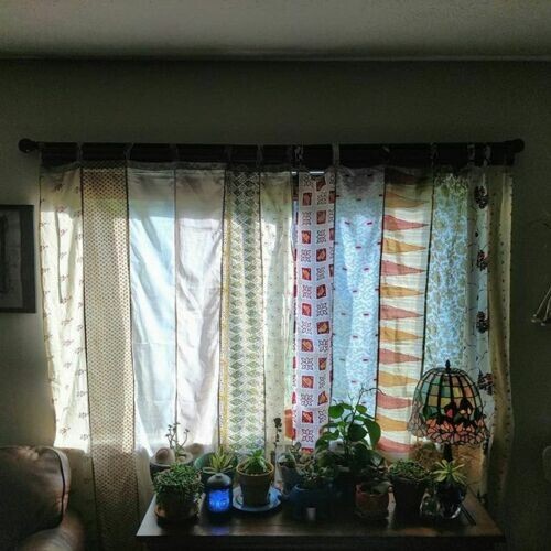 1Pc Indian Sari Patchwork Curtain Drape Window Decor Beige Silk Sari Curtain