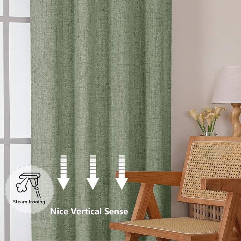 Light Filtering Faux Linen Window Curtains 2 Panels Green Machine Washable New