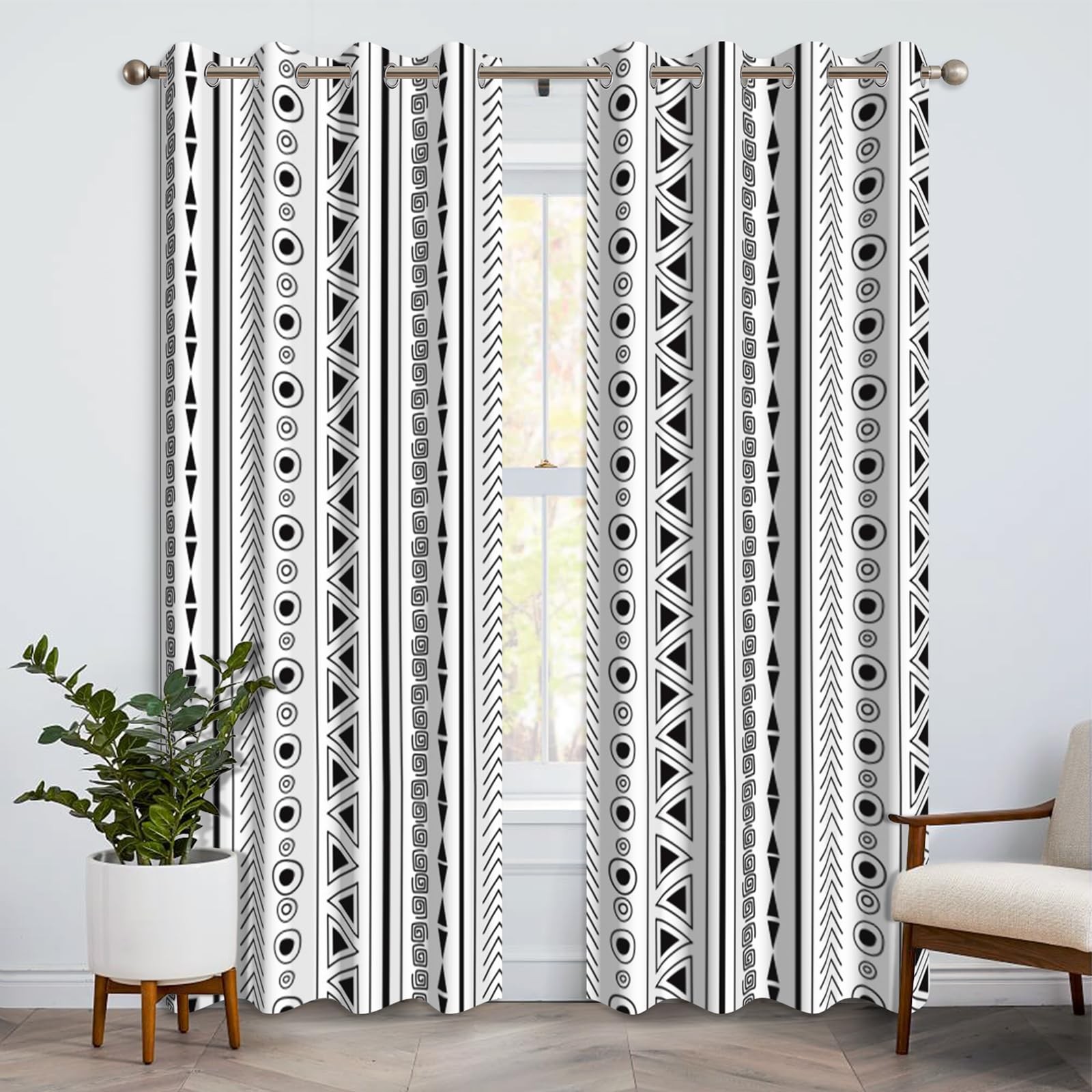 Geometric Blackout Curtains 84 Inches Length 2 Panels Set, Black and White Ge…