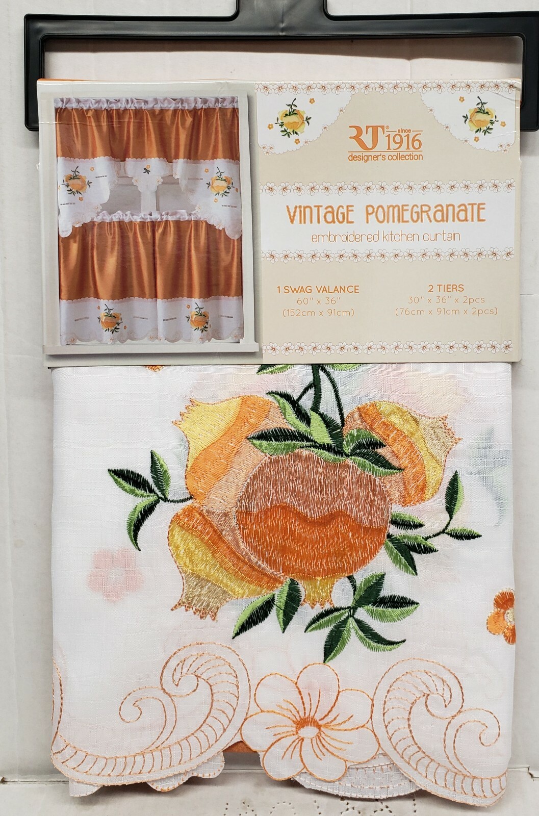 3pc. Embroidered Curtains Set:2 Tiers(30×36″)&Swag(60×36″)VINTAGE POMEGRANATE,RT