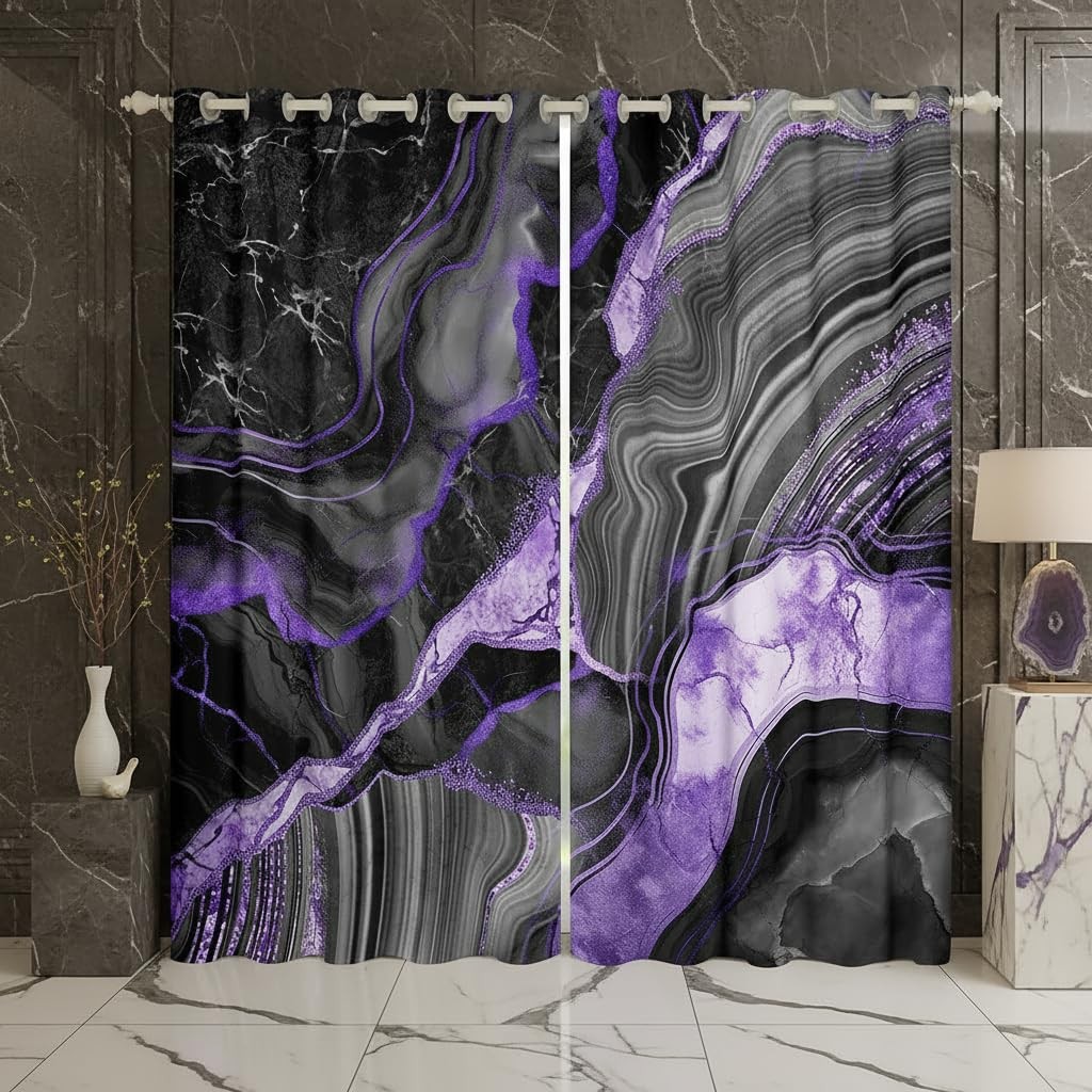 Black Grey Marble Curtains, Purple Marbling Crack Blackout Curtains, Abstract…
