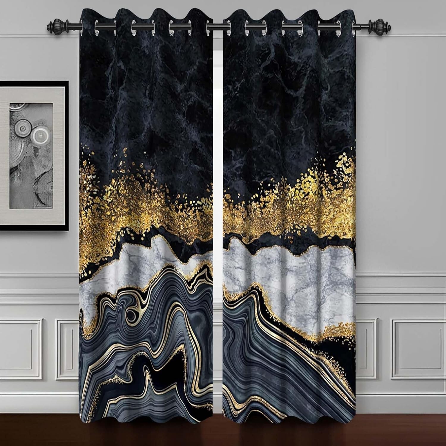 Black Gray Gold Marble Abstract Art Fluid Golden Luxury Marble Thermal 21Wx45H