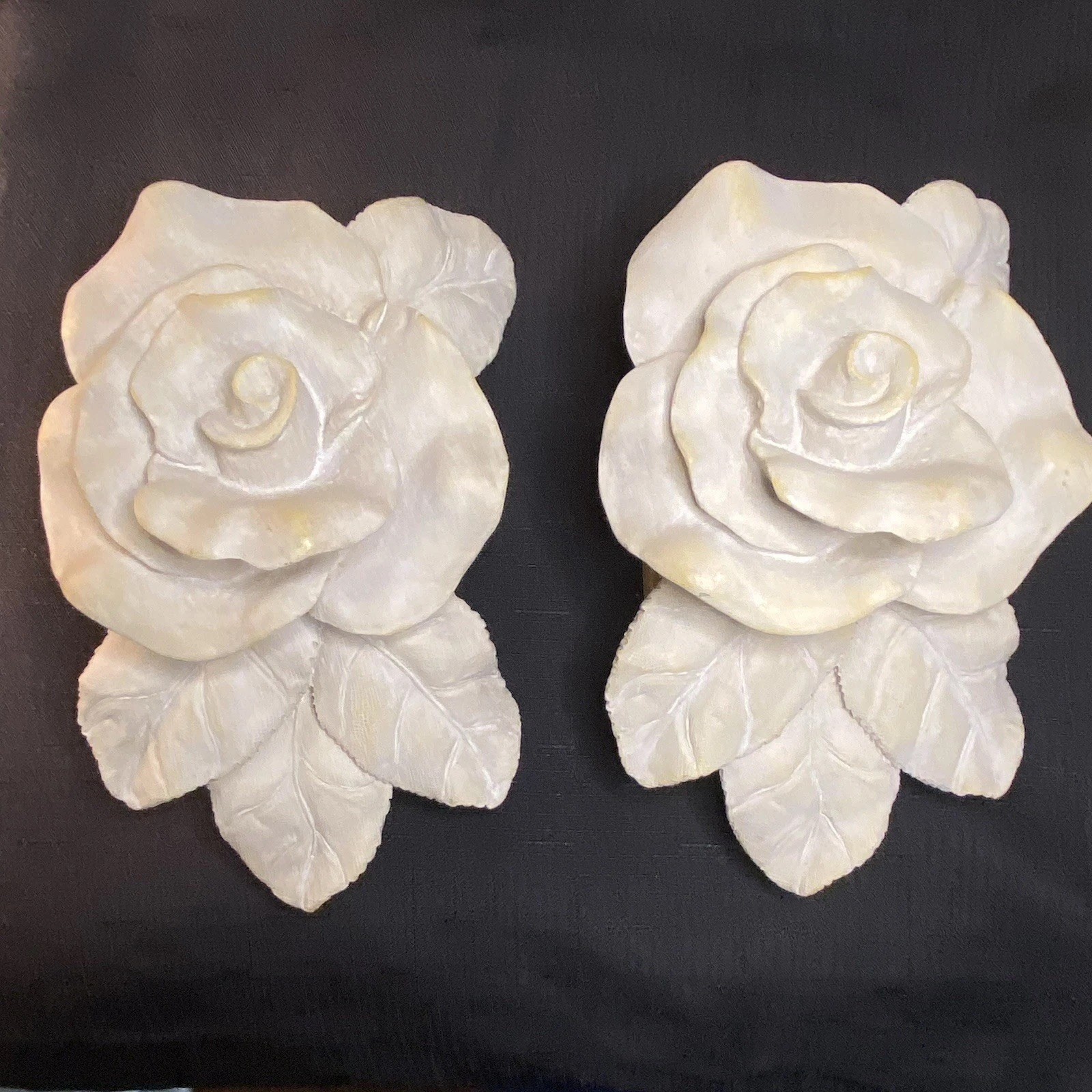 Set of 2 Vintage Ivory Rose Resin Floral Curtain Rod Pole Holders