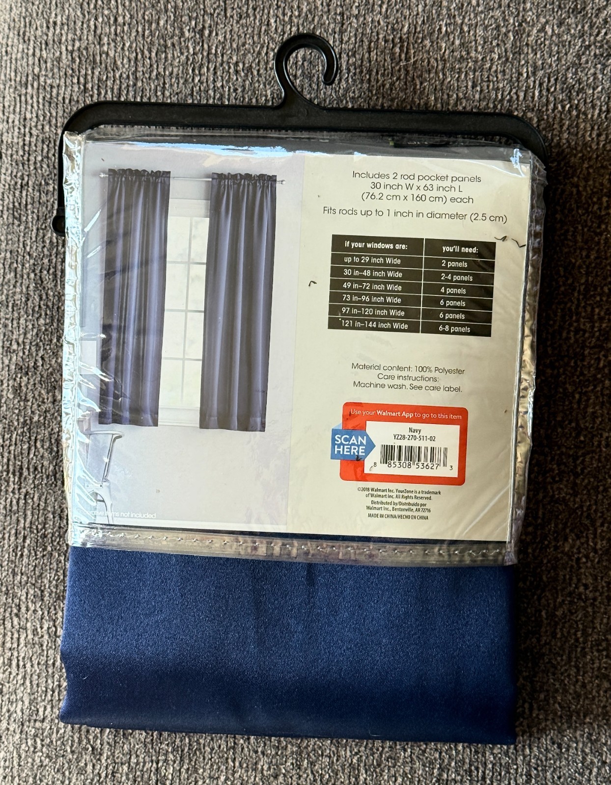 Your Zone 30″W x 63″L Solid Navy Room Darkening Panel Pair, Set of 2, NEW