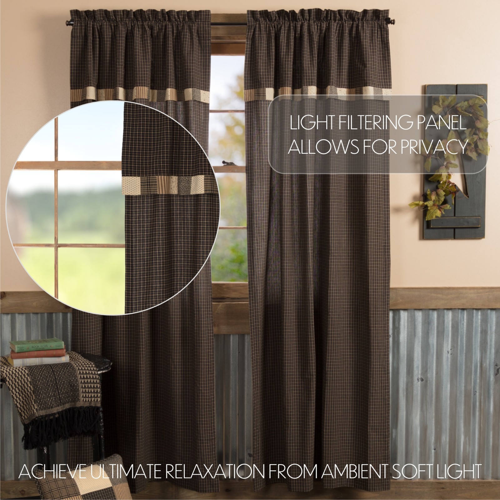 Kettle Grove Panel with Attached Valance Block Border 84″ Charcoal Grey Black