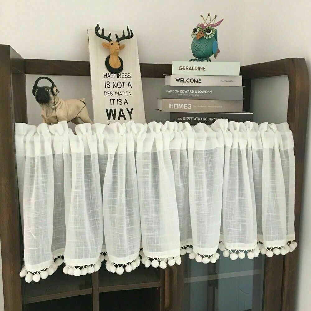 Ruffled Cafe Curtain Pompoms Balls Trim Home Kitchen Half Curtains Village