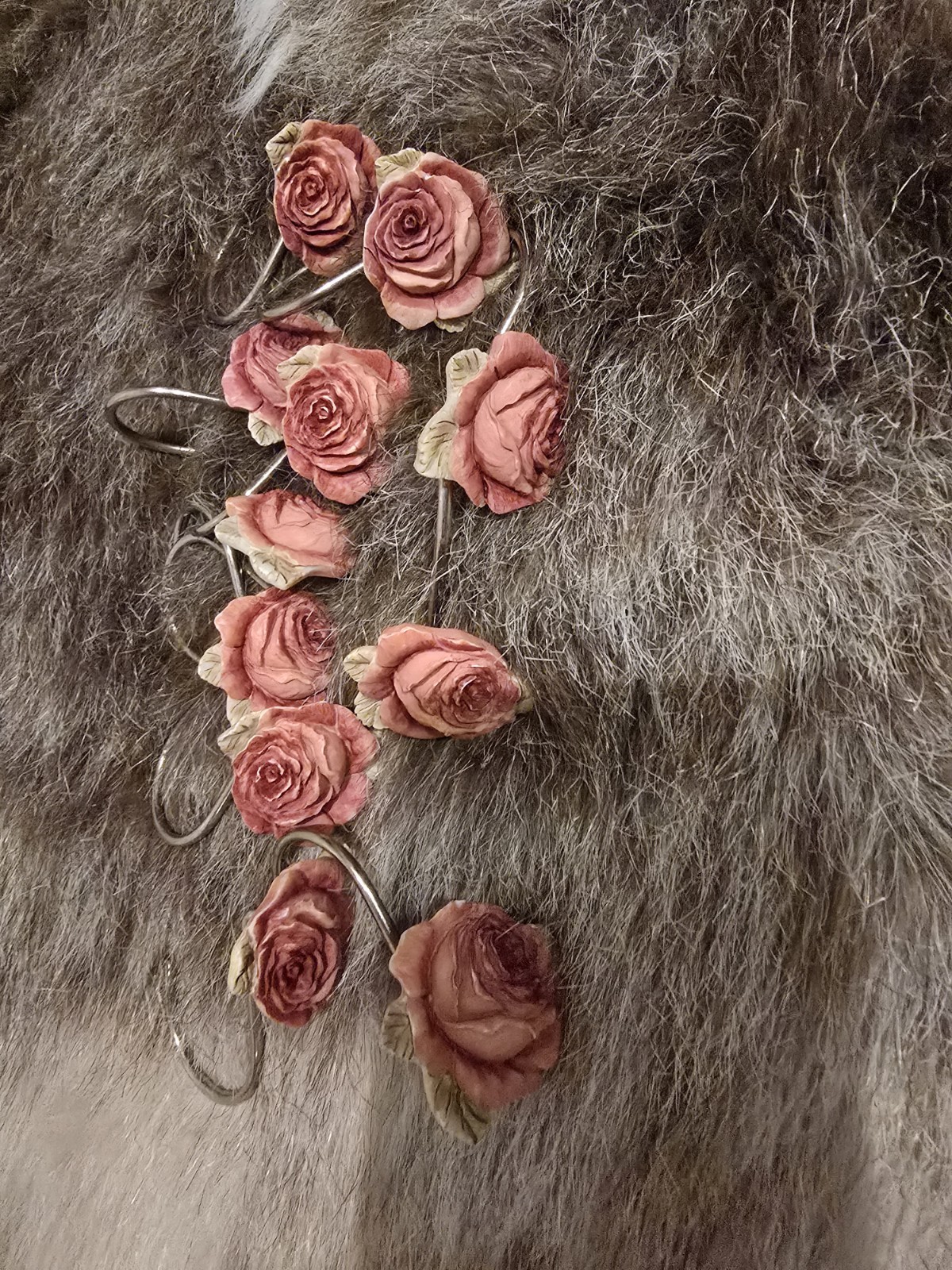 Set of 11 Curtain/ Shower Hooks Pink Roses Shabby Shic Country Cottage Chic