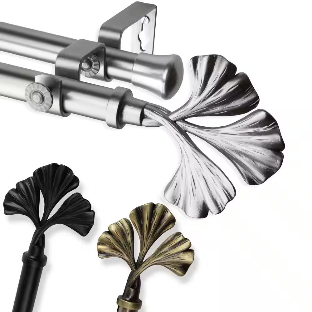 66 In. – 120 In. Telescoping Double Curtain Rod in Antique Brass with Fortune Fi