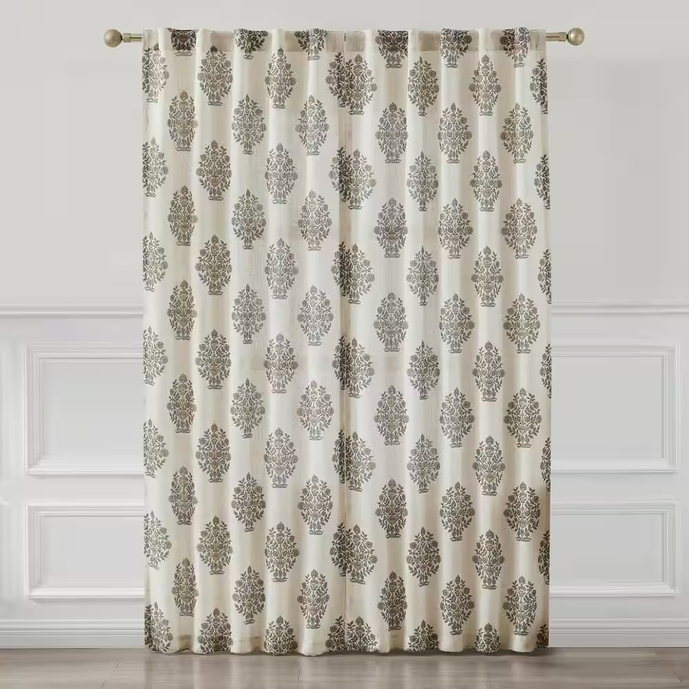 Sofia Flower Block Bouque Clay/Teal Faux Linen 37 In. W X 84 In. L Rod Pocket Li