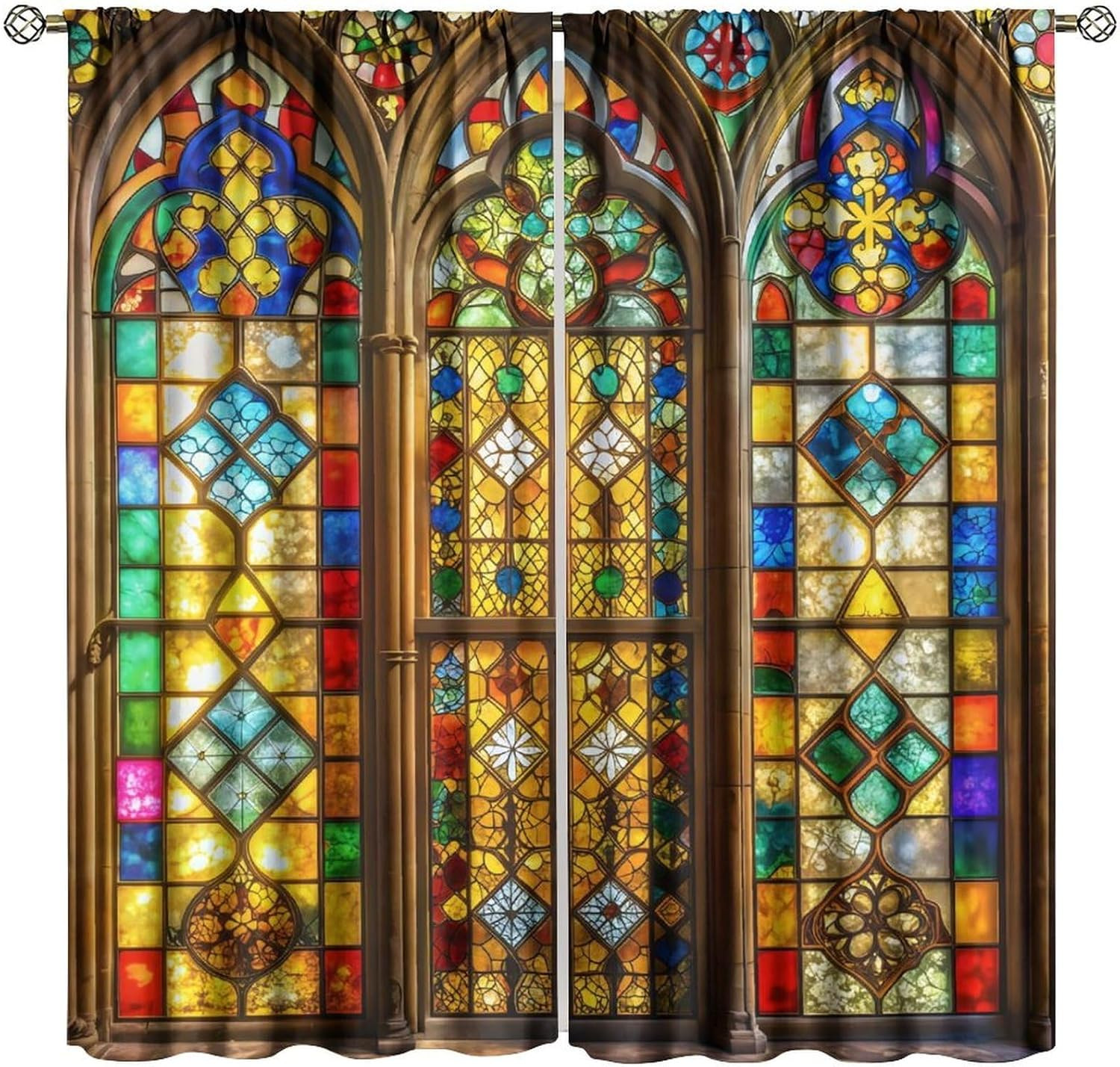Colorful Glass Frame Curtain Retro Elegant Medieval Geometric Patchwork Window D