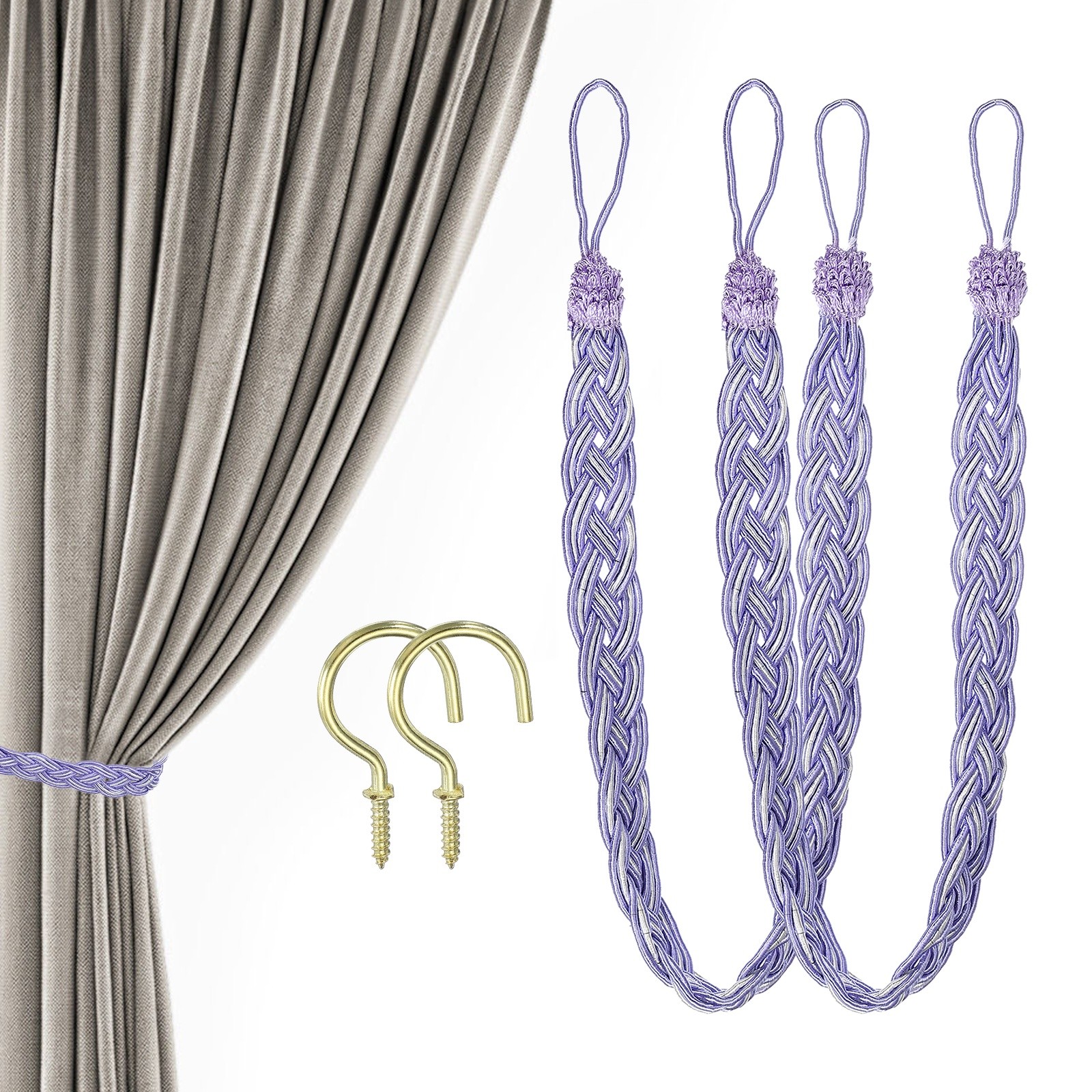 2 Pack 23 Inch Curtain Tiebacks Curtain Tie Backs Braided with Hook Purple