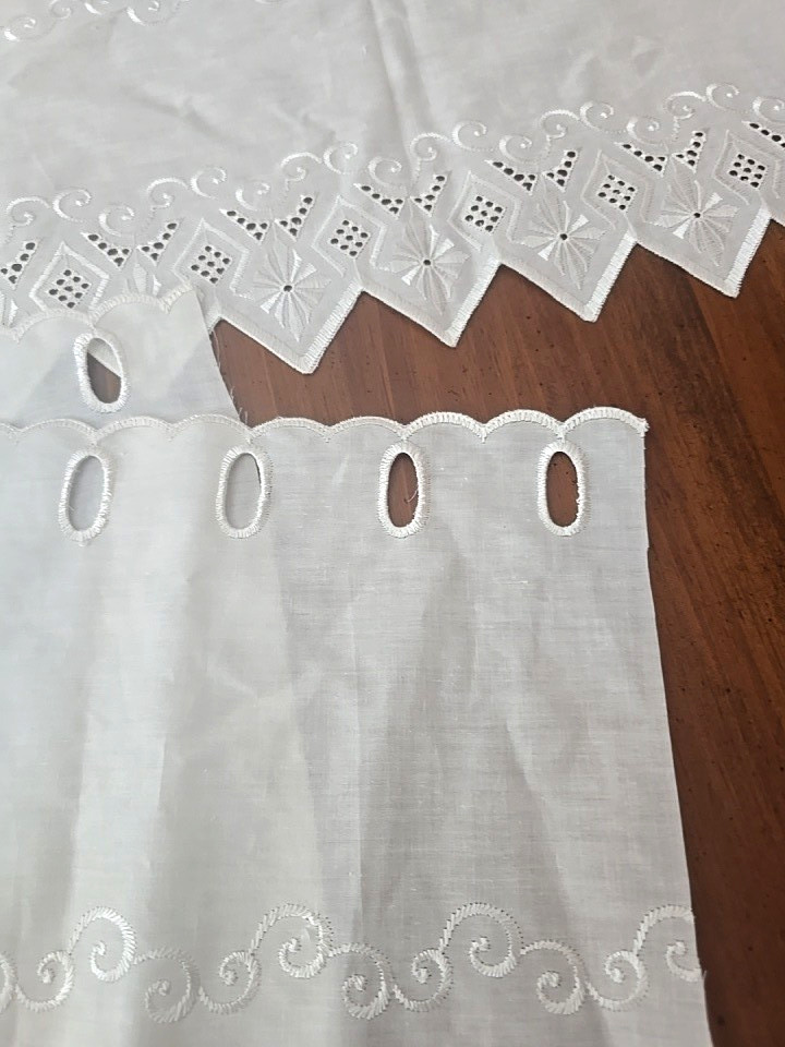 2 white curtain panels Grommet Eyelet Embroidered Edge needs hemmed ROMANCE