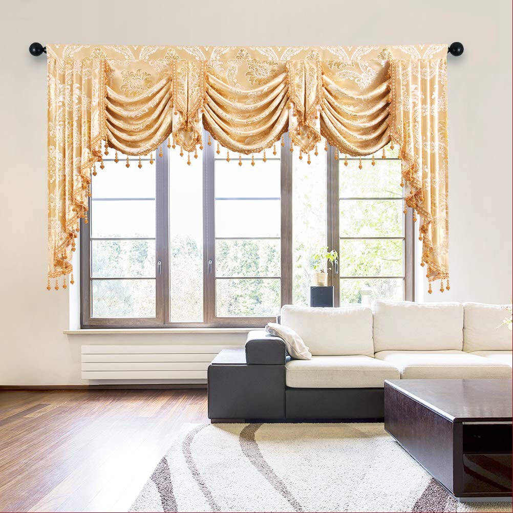ELKCA Golden Jacquard Swag Waterfall Valance Luxury Curtain Valance for Livin…