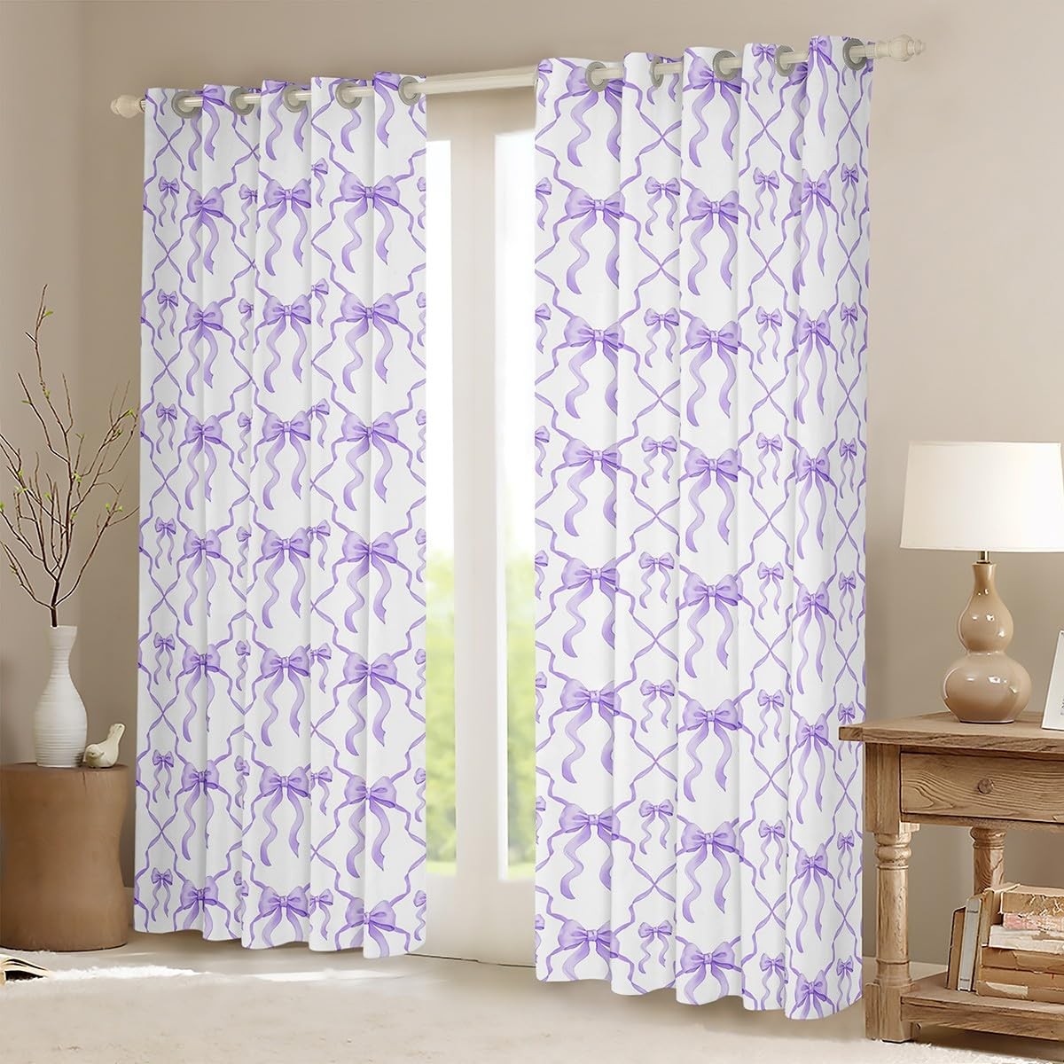 Purple Bow Curtain for Teen Women,Cute Ribbon Bowknot 52″ Wx63 L Window Curta…