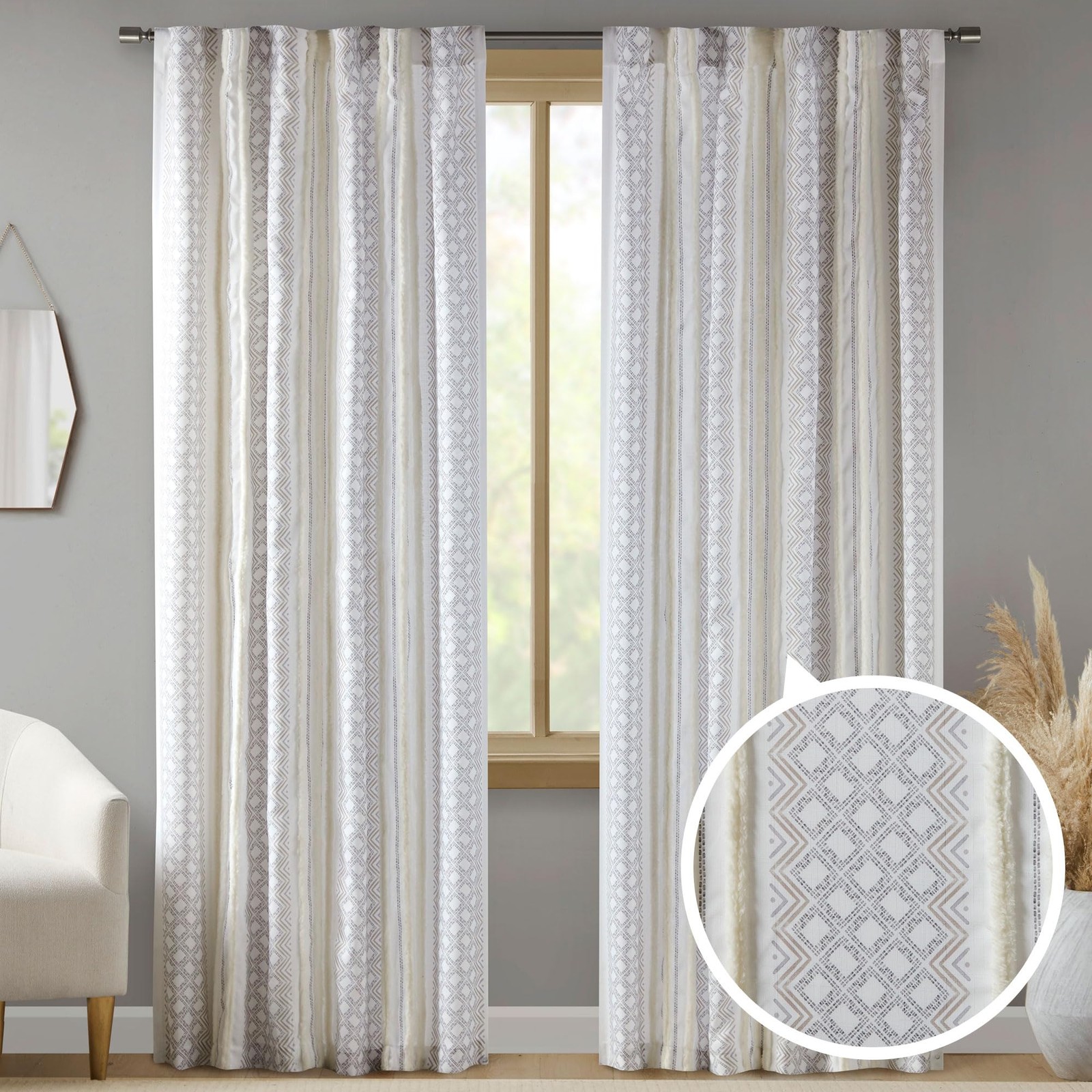 Window Curtain for Living Room Geometric Print Tufted Accent Modern Curtain W…