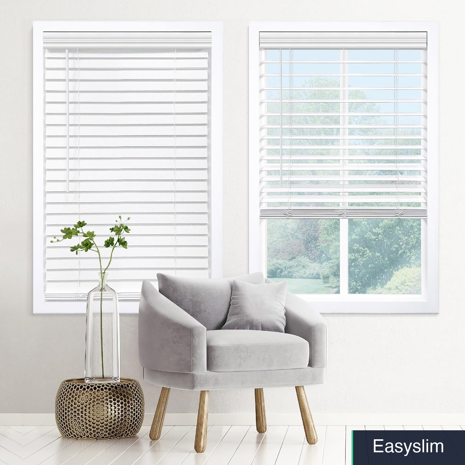 Faux Wood Window Blinds 49.75″ W x 60″ H Cordless 2″ Embossed White