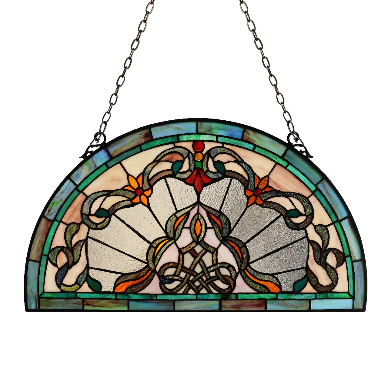 Stained Glass Window Panels Half Moon/Circle Handcrafted Art Glass Matching Pair