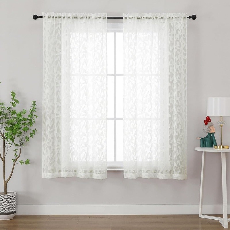 Light Filtering Leaf Jacquard Curtains 2 Panels Rod Pocket Sheer Drapes New