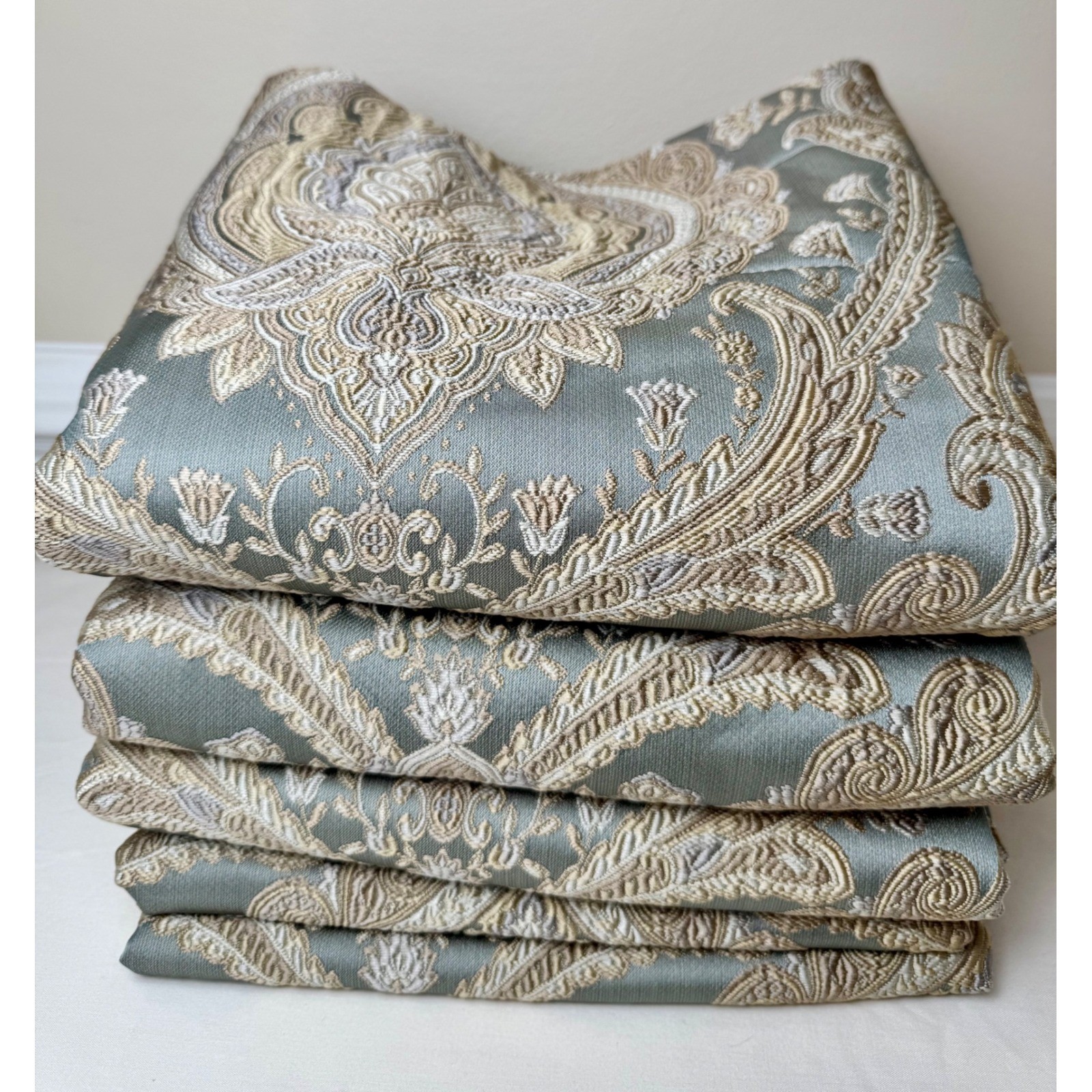 Rose Tree Norwich Medallion Set 5 Blue Gold Damask Paisley Lined Valances Luxury