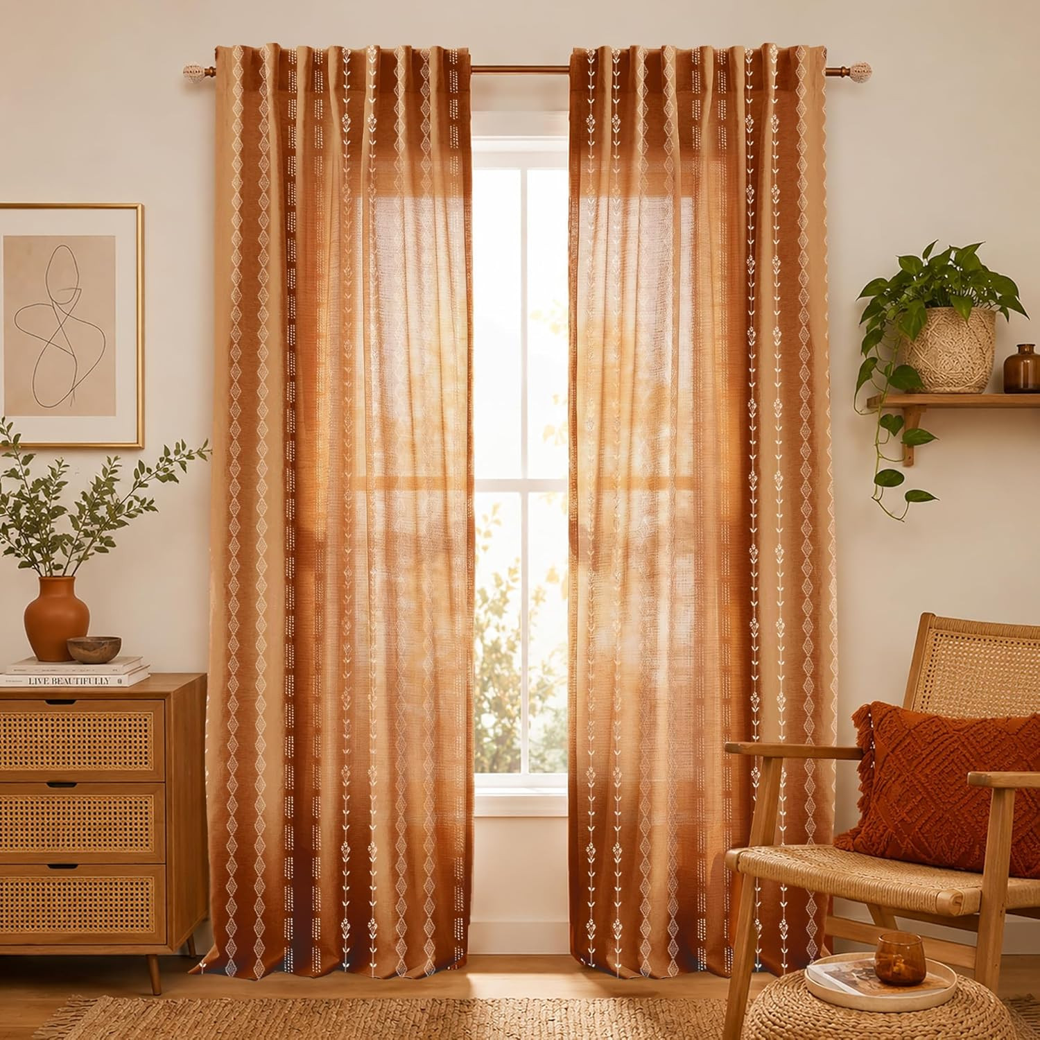 Burnt Orange Bohemian Sheer Curtains, Hippie Boho Printed Drapes for Living Room