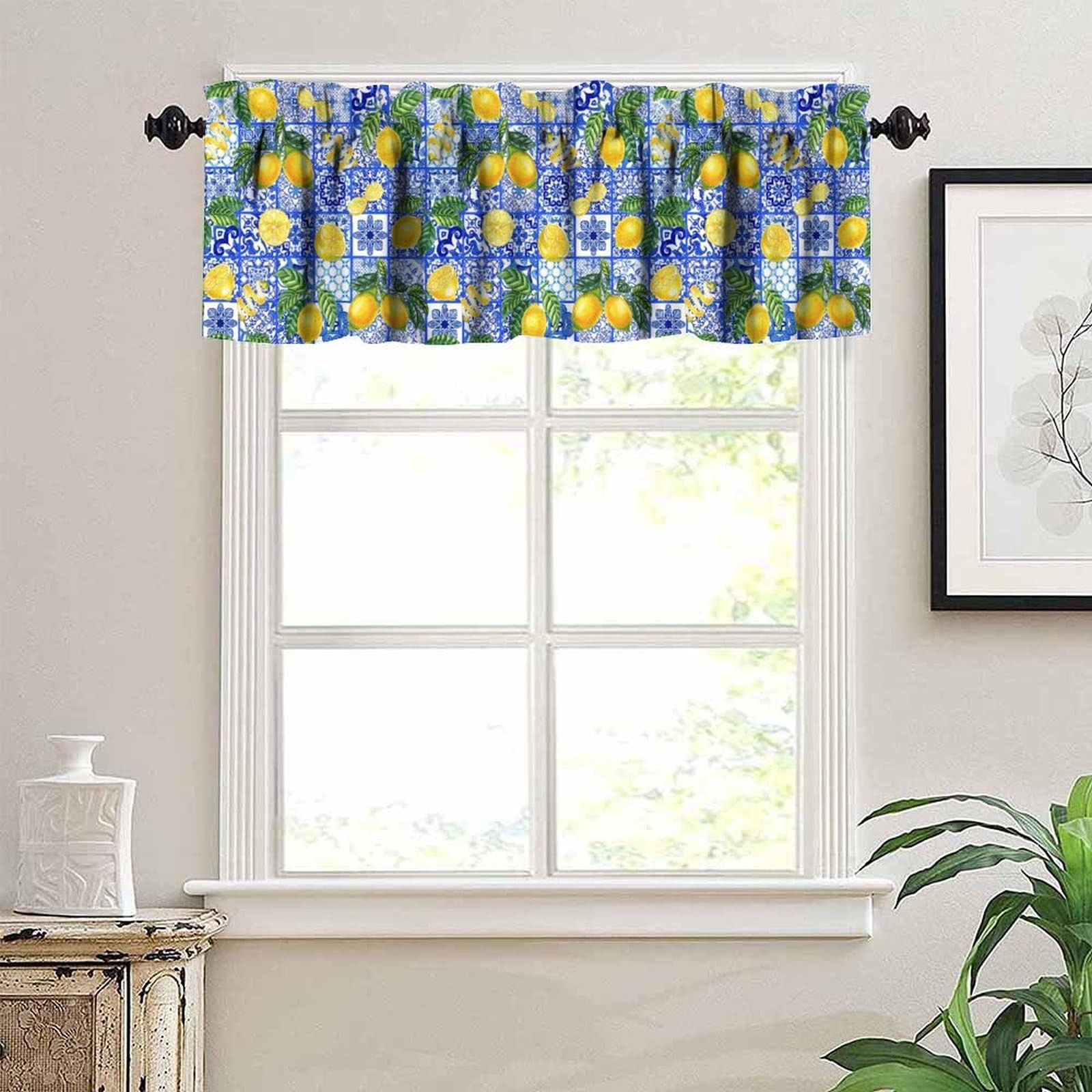Lemon Valances Curtain, Curlicue Leaves Blue Majolica Tiles Yellow Lemons Win…