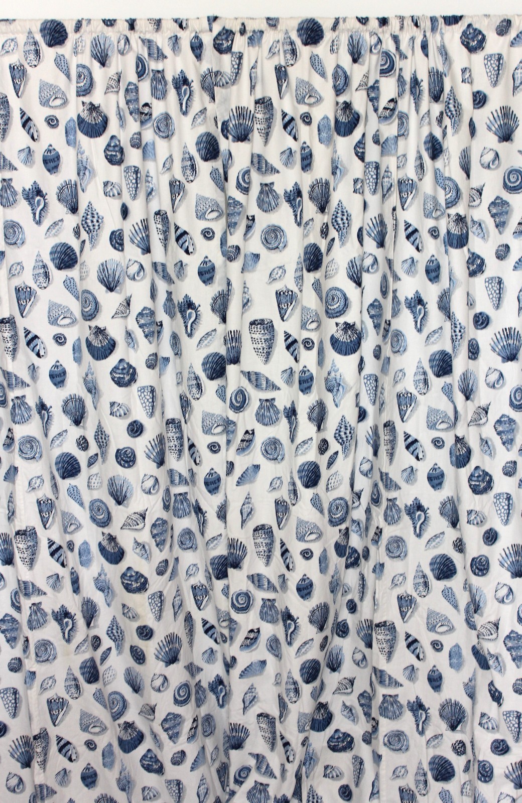 Custom Curtains Blue White Seashell Toile Vtg 3-Pc Drapery Set Beachcomber