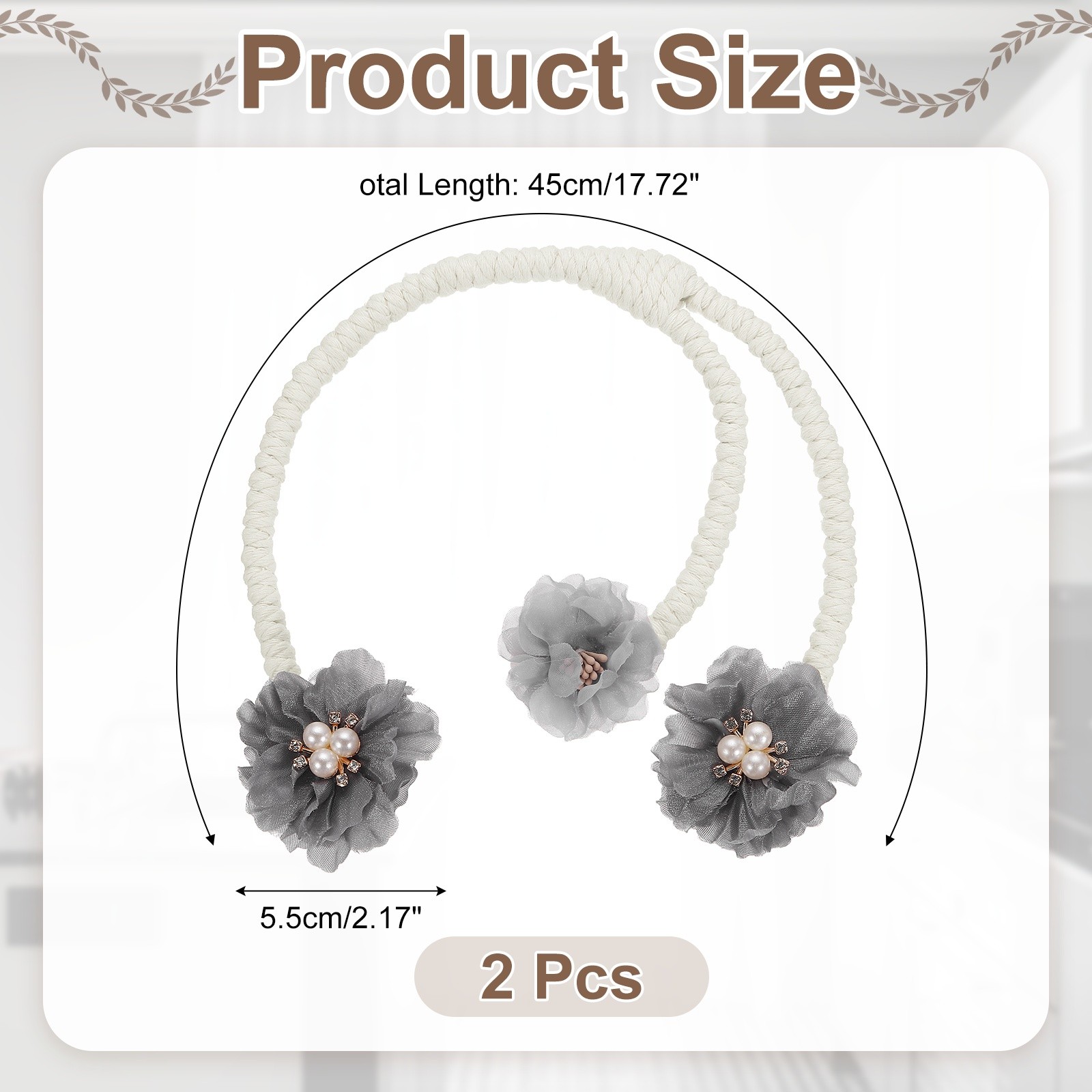 2Pcs Flower Curtain Tiebacks, 3 Flower 45cm Twist Holdbacks Clip, Gray