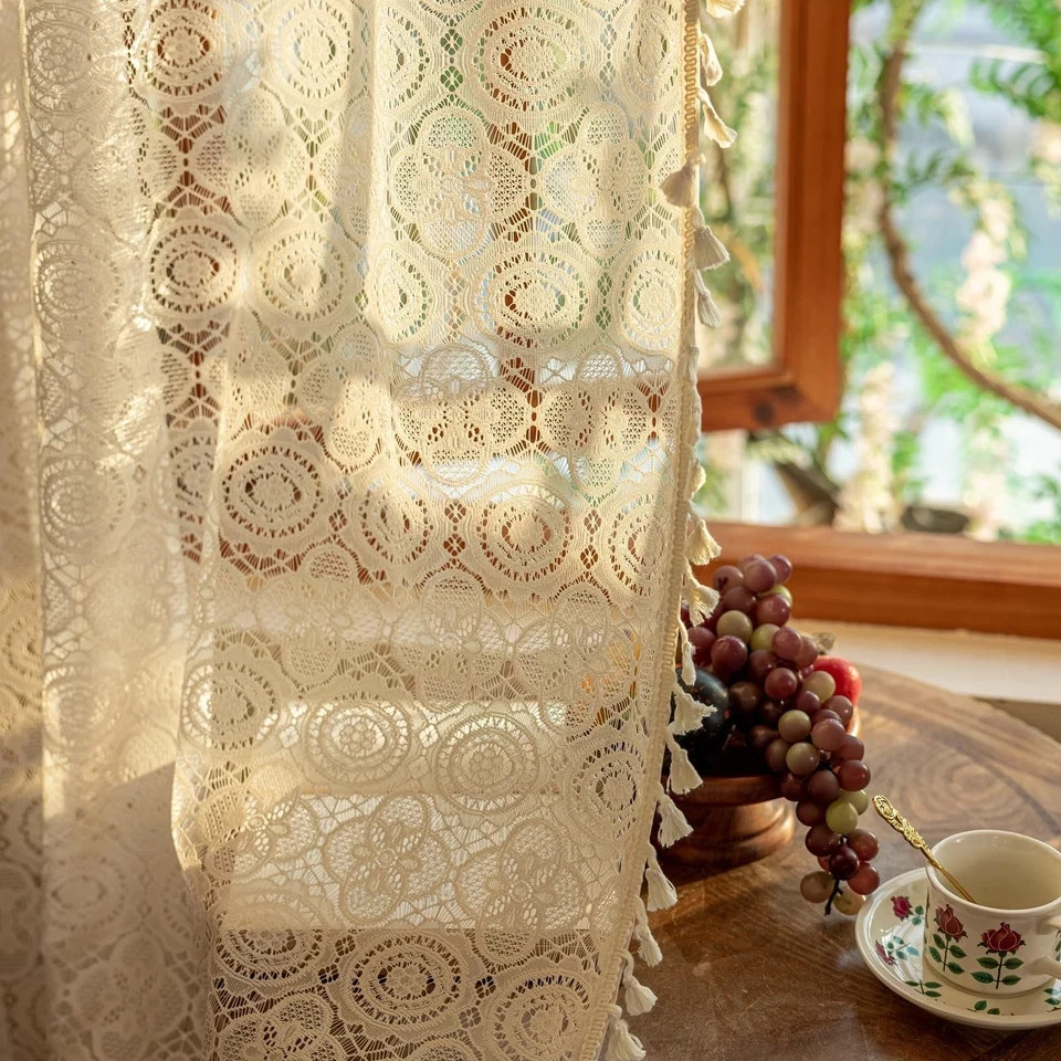 Boho Lace Curtains 84 Inches Long 2 Panels Retro 59″W x 84″L (Pack of 2) Beige