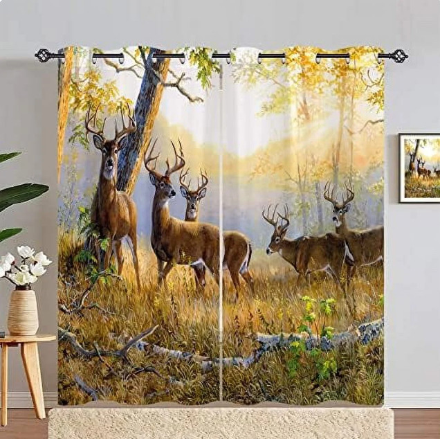 Landscape Curtains with Mountain Lake Forest Print, 2 Panels 42″ x 63″