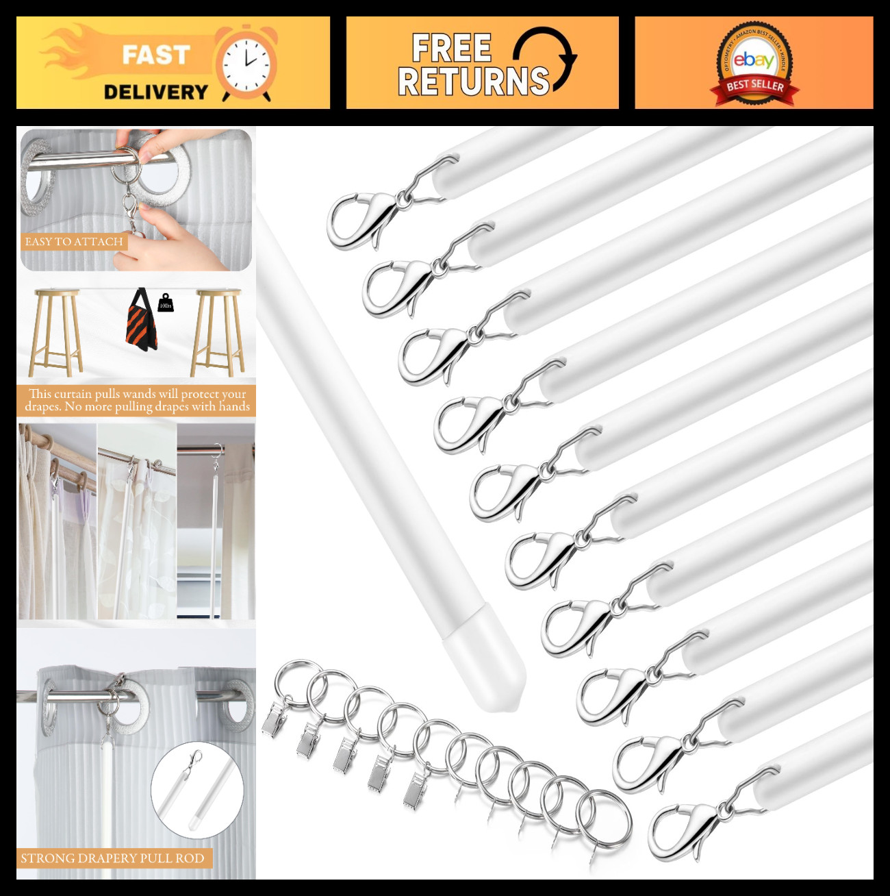 10 Pack 46″ Acrylic Curtain Pull Wands – Versatile Drapery Rods with Rings & Hoo