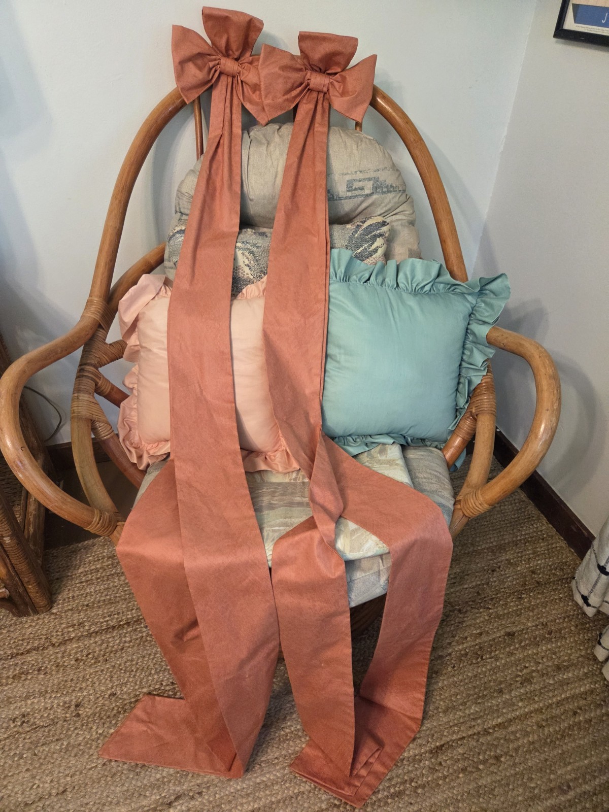 Vintage 1980s Custom Sewn Curtain/Drape 73″ Bows Mauve Salmon. Set Of 2.