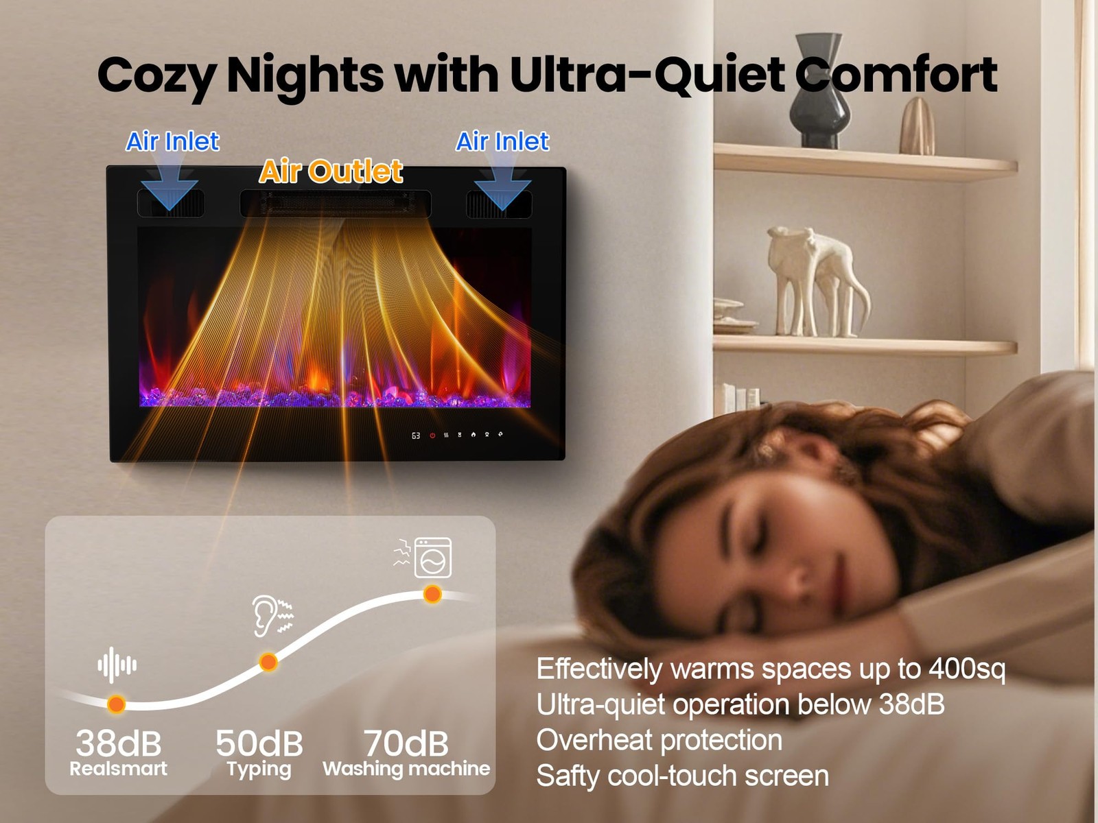 Electric Fireplace Insert 36″ Realsmart 1500W Colors LED Decor Low Noise