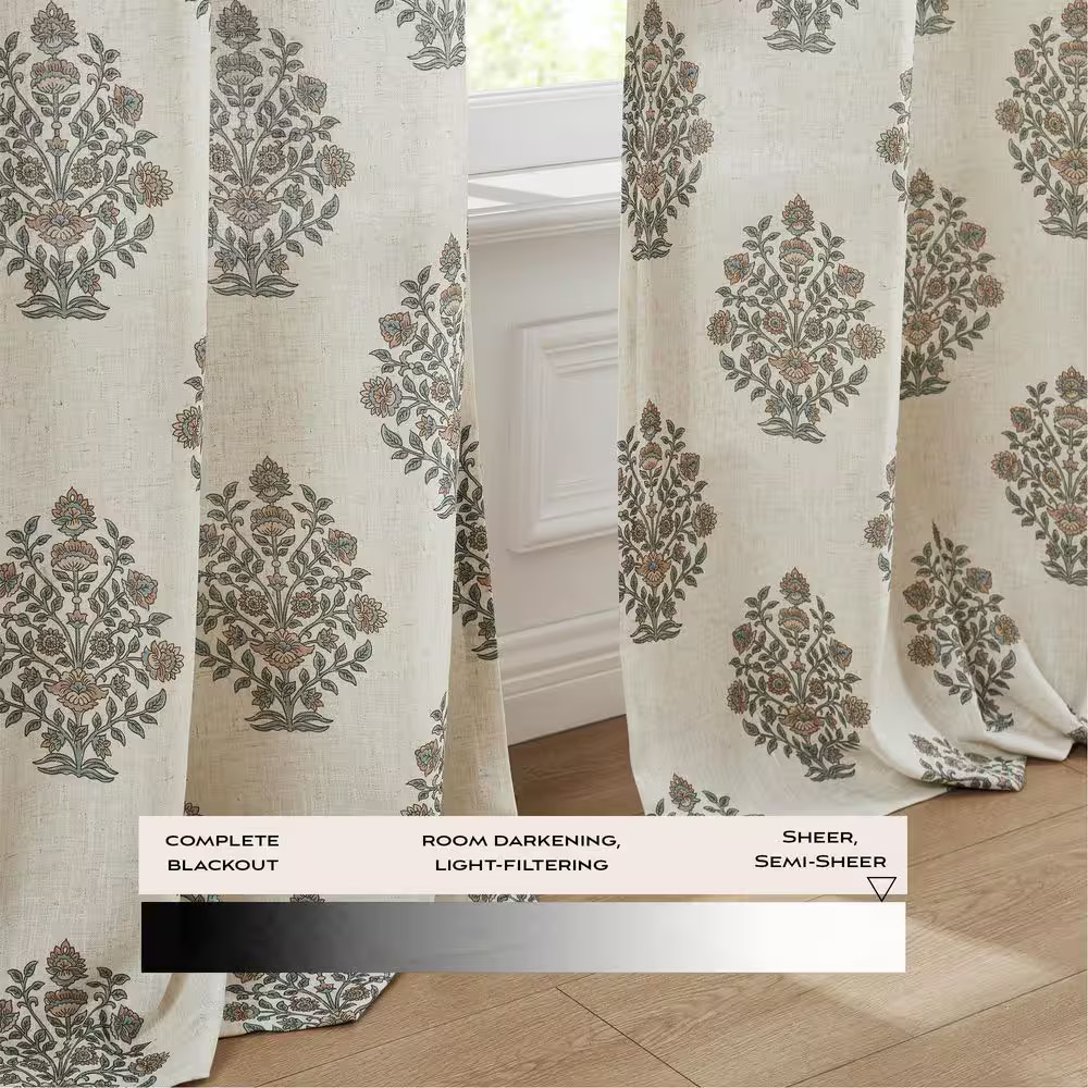 Sofia Flower Block Bouque Clay/Teal Faux Linen 37 In. W X 84 In. L Rod Pocket Li